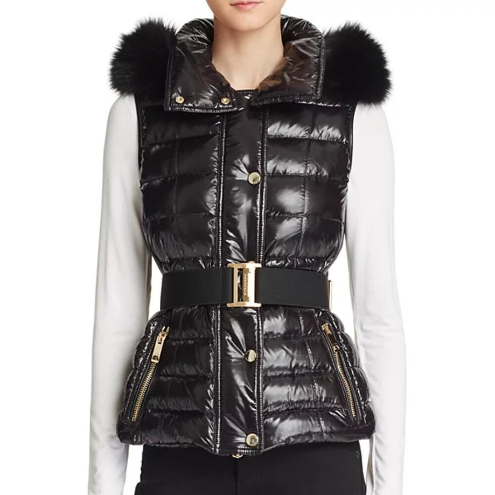 Burberry Willowbank Black Fur-Trim Hooded Belted Puffer Vest